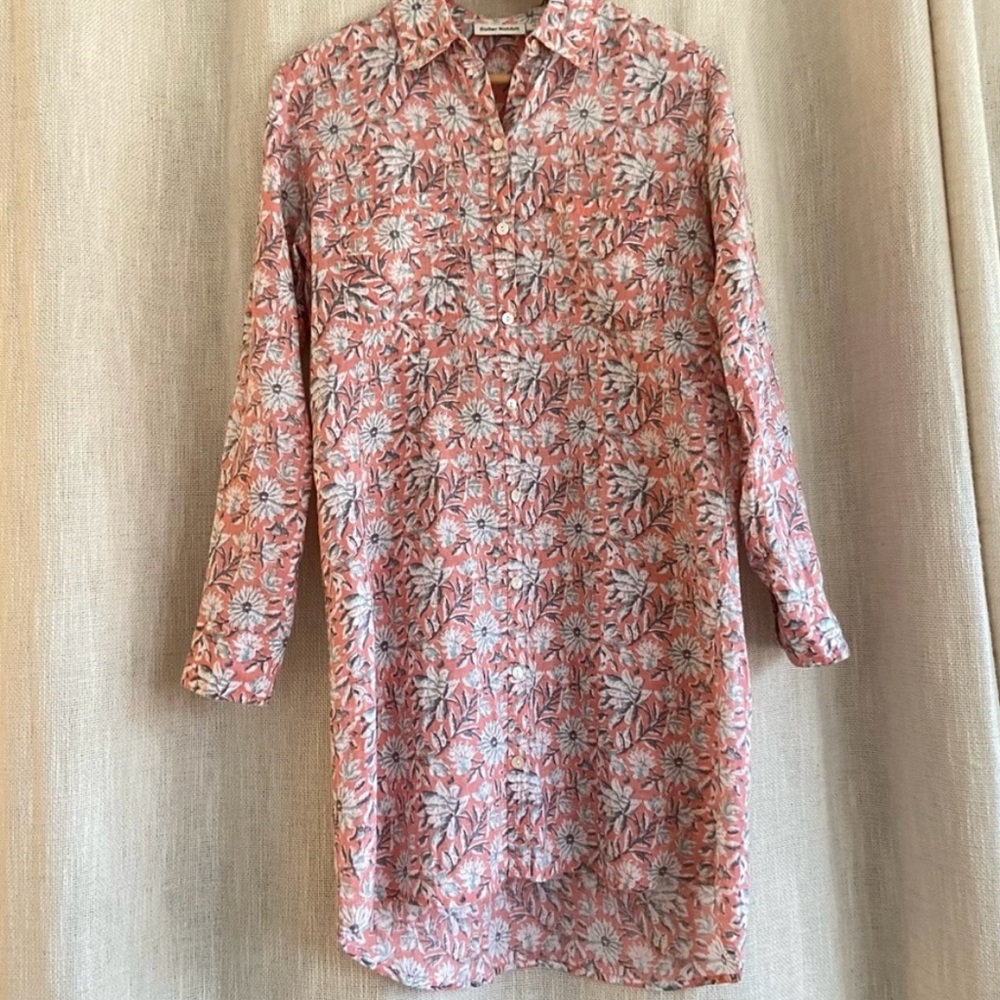 Roller Rabbit Linen Button Down Shirt Dress Pink Floral XS